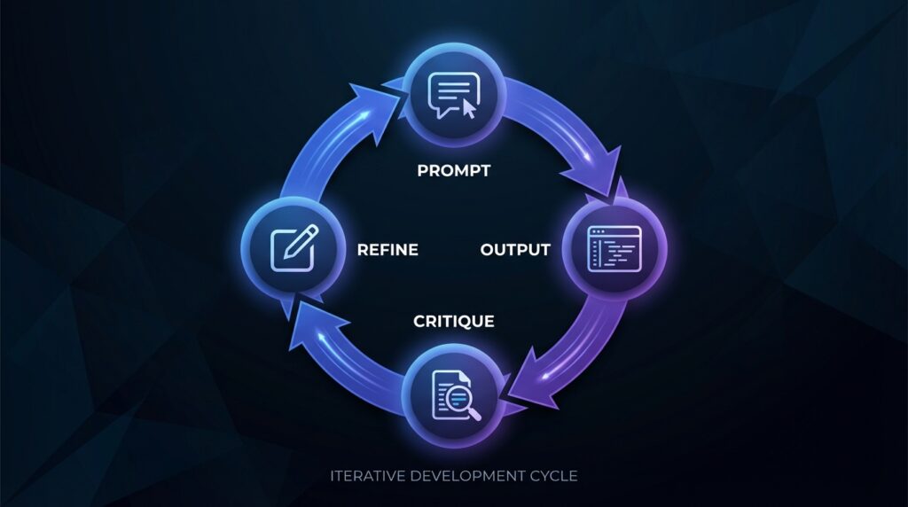 Iterative AI debugging loop showing prompt output critique refine cycle
