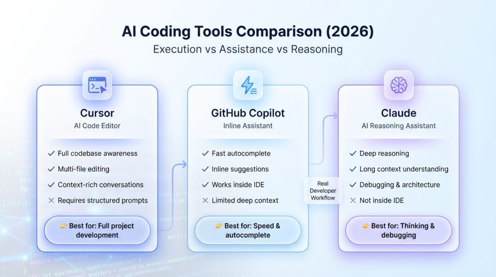 Comparison of Cursor, GitHub Copilot, and Claude AI tools for developers showing features, strengths, and use cases in a modern UI layout