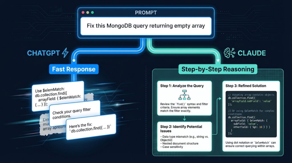 Visualization of how the same prompt produces different outputs in ChatGPT vs Claude