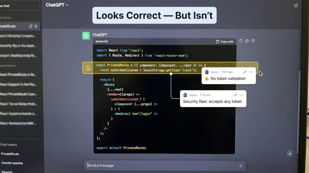 Example of ChatGPT giving a correct-looking but insecure React authentication code