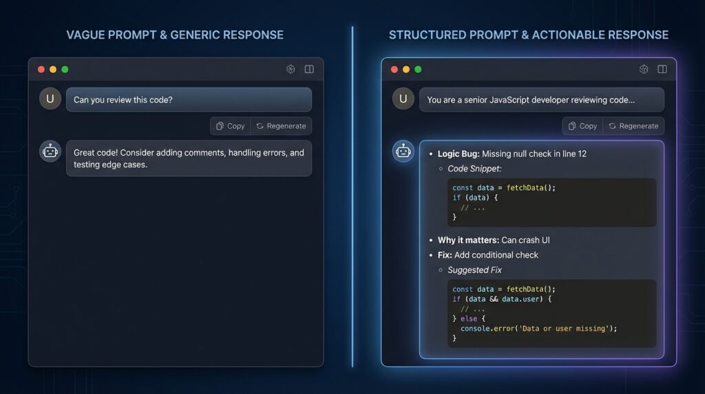 Comparison of vague vs structured Claude prompts showing difference in code review quality