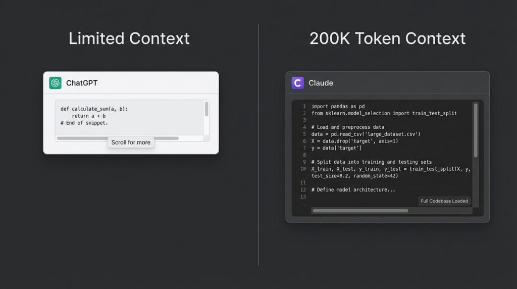 Comparison of context window size between ChatGPT and Claude