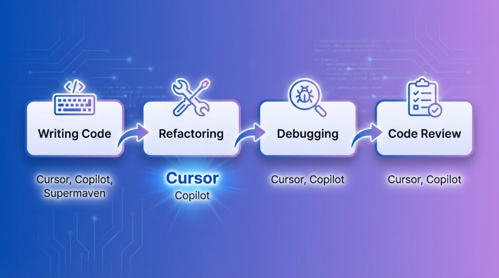Developer workflow showing where Cursor, Copilot, and Supermaven are most effective.