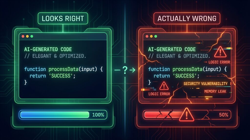 Visual showing AI-generated code that appears correct but contains hidden bugs underneath
