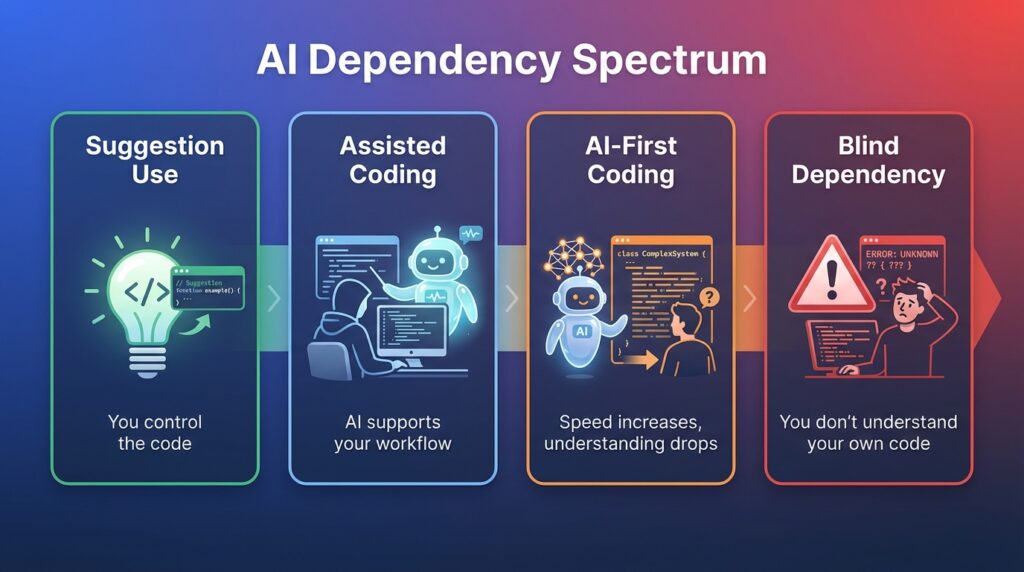 AI dependency spectrum showing levels from suggestion use to blind dependency in coding