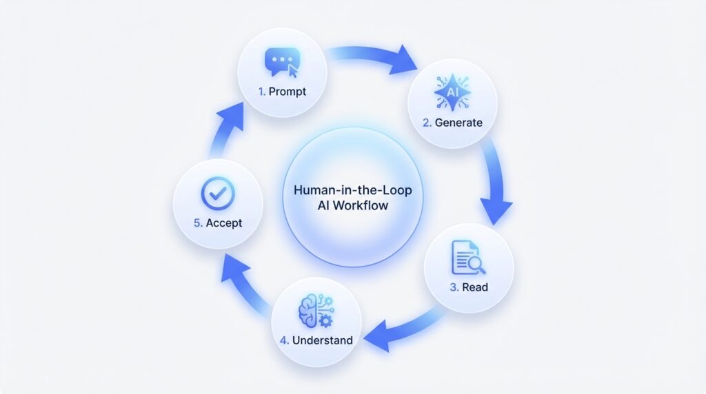 Human in the loop AI coding workflow showing prompt generate read understand accept loop