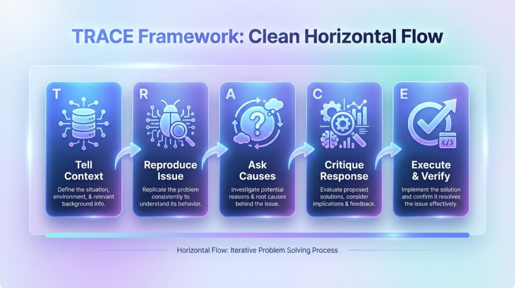 TRACE framework diagram showing structured AI debugging process for developers