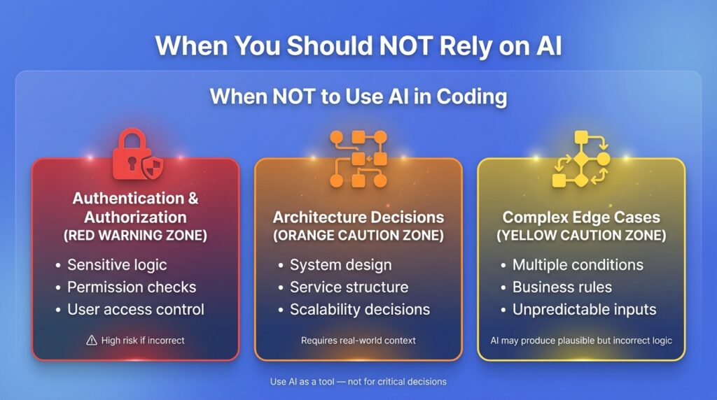 When not to use AI in coding showing authentication architecture and edge case risk zones