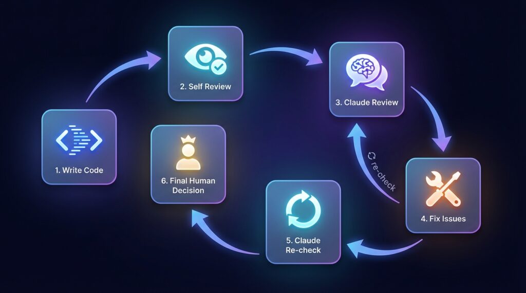 AI-assisted code review workflow with Claude and human validation steps