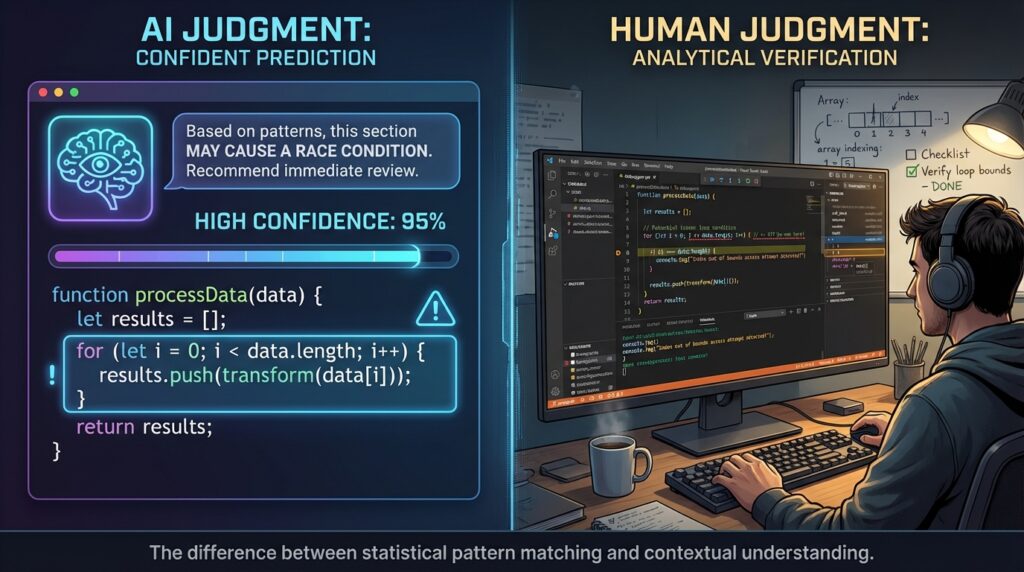 AI code review mistake compared to human debugging and validation process