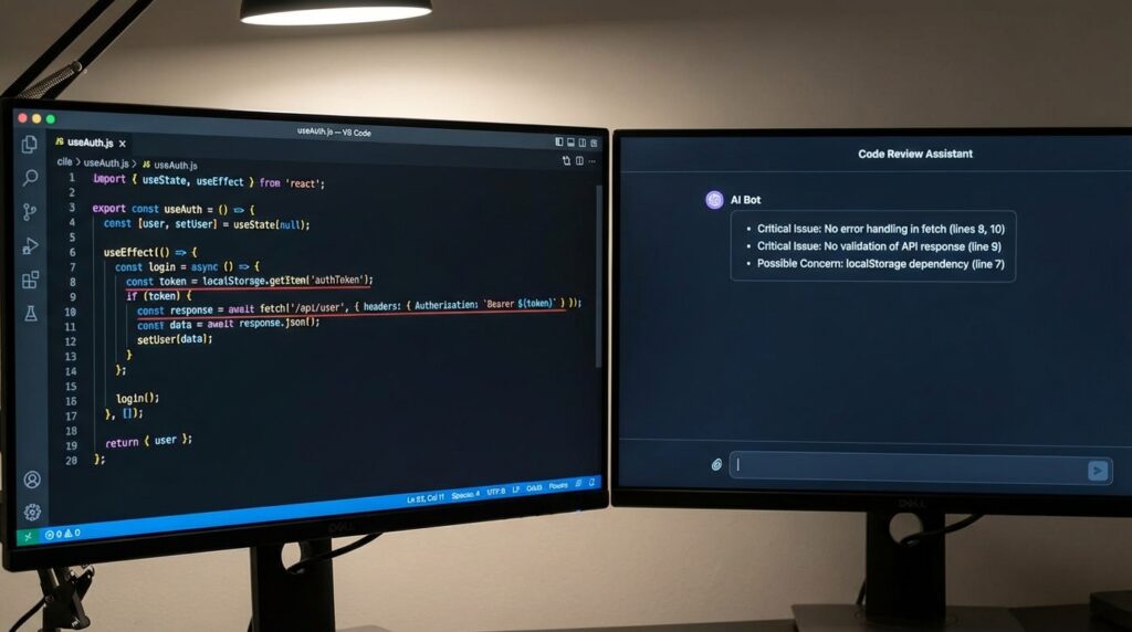 Claude reviewing React authentication hook and identifying real code issues