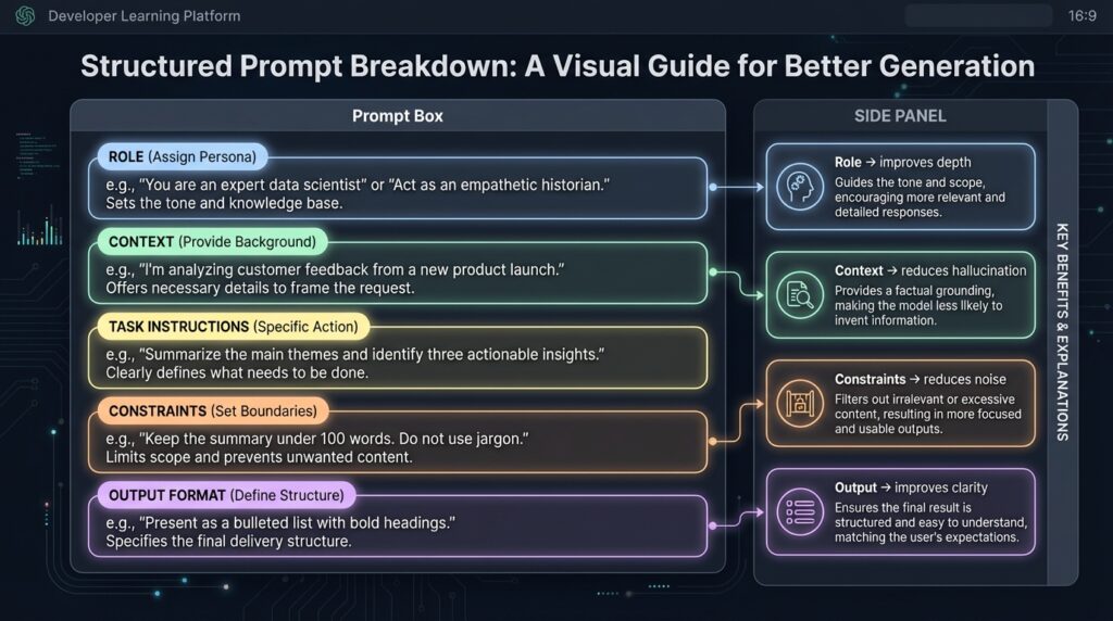 Structured prompt framework showing role, context, constraints, and output format